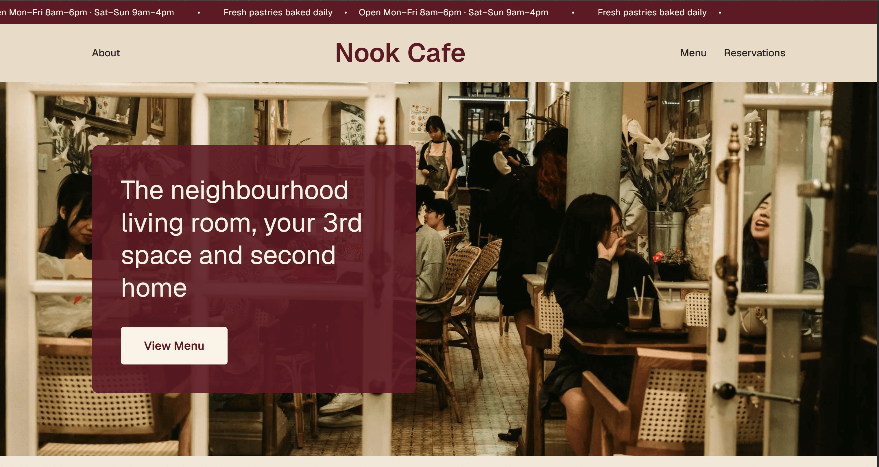 Homepage of the Nook Cafe demo site