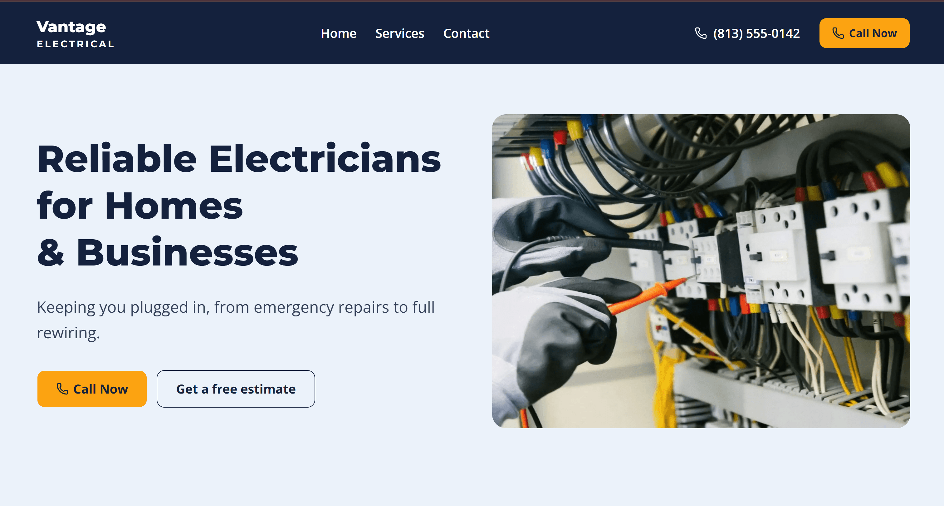 Homepage of the Vantage Electrical demo site